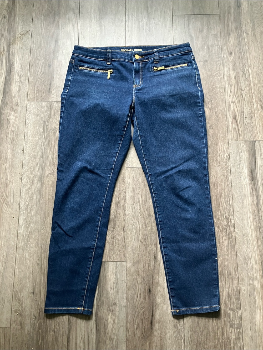 Michael Kors Skinny Jeans Dark Wash Gold Zip Women’s 10